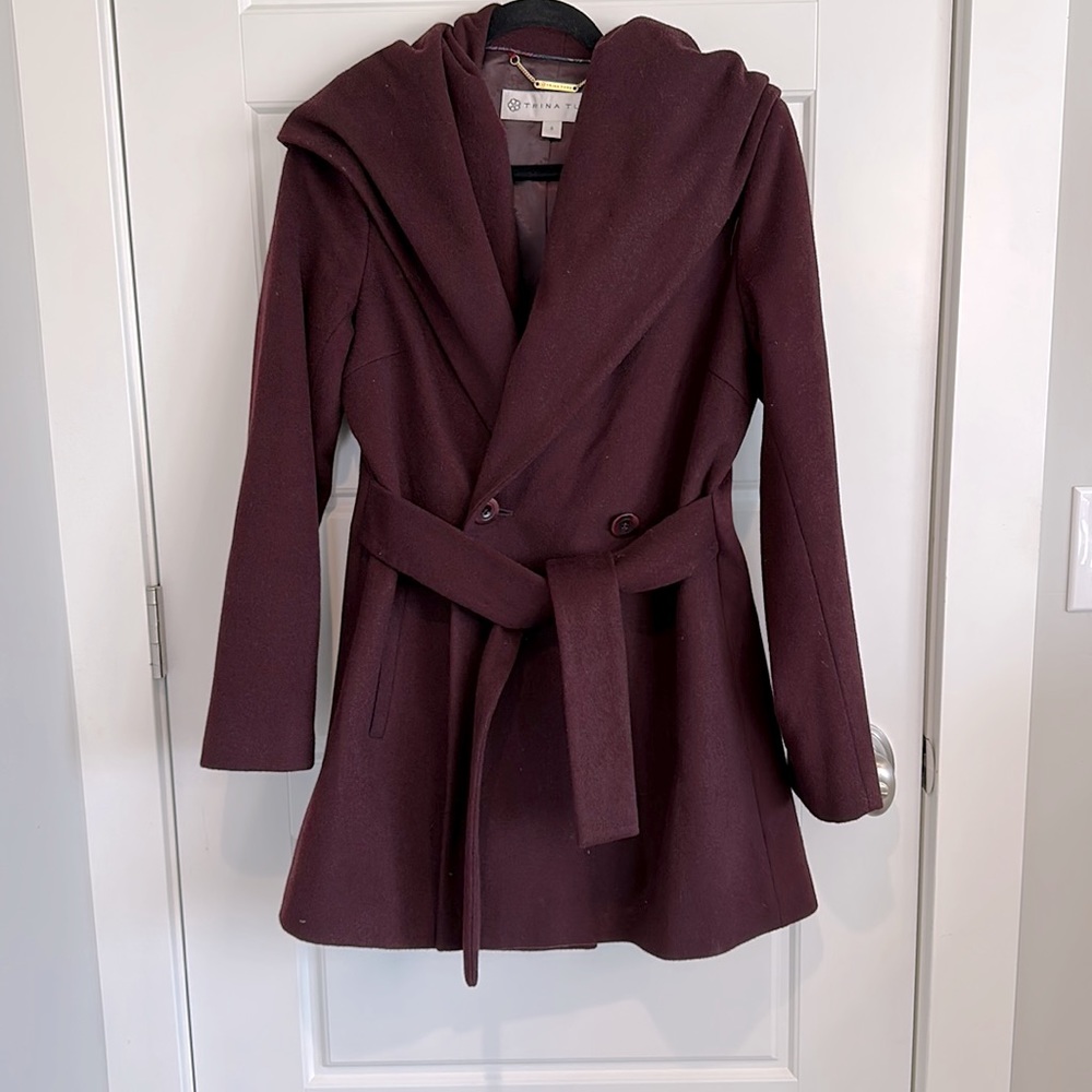 Trina Turk Burgundy Hooded Pea Coat - Size 8
